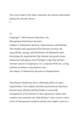 The circle shape in the figure represents the mutual relationship
among the concepts shown.
*
3.*
Copyright © 2016 Pearson Education, Inc.
Management Information Systems
Chapter 3: Information Systems, Organizations, and Strategy
The Internet and organizationsThe Internet increases the
accessibility, storage, and distribution of information and
knowledge for organizations.The Internet can greatly lower
transaction and agency costs.Example: Large firm delivers
internal manuals to employees via a corporate Web site, saving
millions of dollars in distribution costs
The Impact of Information Systems on Organizations
The Internet should also have a flattening effect on many
organizations. Can students describe any businesses that have
become more efficient and flat thanks to successful
incorporation of the Internet in their operations? Some older
students may remember the “bad old days” when seven or more
levels of management needed to decide even simple issues in a
 
