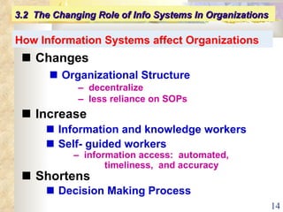    Changes    Organizational Structure   –  decentralize –  less reliance on SOPs    Increase    Information and knowledge workers    Self- guided workers How Information Systems affect Organizations –  information access:  automated,   timeliness,  and accuracy    Shortens    Decision Making Process 3.2  The Changing Role of Info Systems In Organizations 