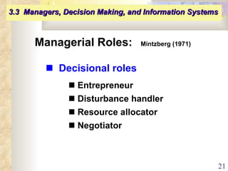 Managerial Roles:   Mintzberg (1971)    Decisional roles      Entrepreneur     Disturbance handler    Resource allocator    Negotiator 3.3  Managers, Decision Making, and Information Systems   