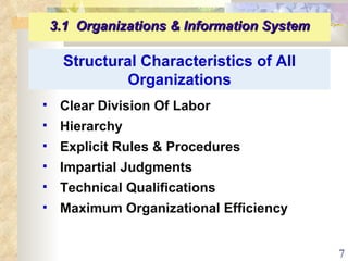 Structural Characteristics of All Organizations Clear Division Of Labor Hierarchy Explicit Rules & Procedures Impartial Judgments Technical Qualifications Maximum Organizational Efficiency 3.1  Organizations & Information System   