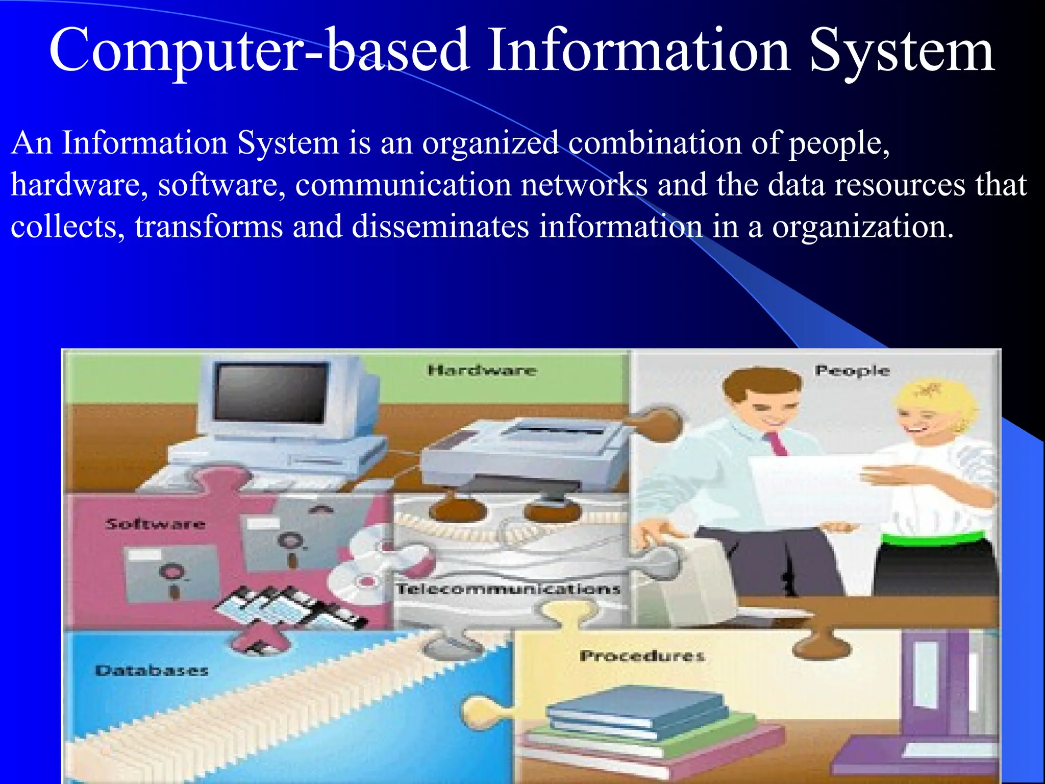 An Information System is an organized combination of people,
hardware, software, communication networks and the data resources that
collects, transforms and disseminates information in a organization.
Computer-based Information System
 