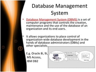 Database Management
System
• Database Management System (DBMS) is a set of
computer programs that controls the creation,
maintenance and the use of the database of an
organization and its end users.
• It allows organizations to place control of
organization-wide database development in the
hands of database administrators (DBAs) and
other specialists.
• E.g. Oracle 8i, 9i,
• MS Access,
• IBM DB2
 