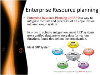 Enterprise Resource planning
• Enterprise Resource Planning or ERP is a way to
integrate the data and processes of an organization
into one single system.
• In order to achieve integration, most ERP systems
use a unified database to store data for various
functions found throughout the organization.
• Ideal ERP System
 