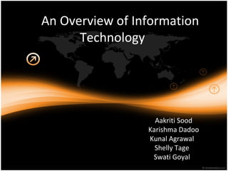 An Overview of Information
Technology
Aakriti Sood
Karishma Dadoo
Kunal Agrawal
Shelly Tage
Swati Goyal
 