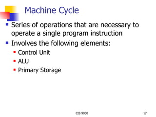 Machine Cycle Series of operations that are necessary to operate a single program instruction Involves the following elements:  Control Unit  ALU  Primary Storage 