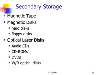 Secondary Storage Magnetic Tape Magnetic Disks hard disks floppy disks Optical Laser Disks Audio CDs CD-ROMs DVDs W/R optical disks 