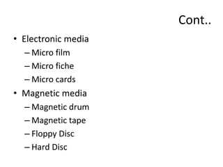 Cont..
• Electronic media
– Micro film
– Micro fiche
– Micro cards
• Magnetic media
– Magnetic drum
– Magnetic tape
– Floppy Disc
– Hard Disc
 