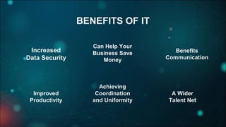 BENEFITS OF IT
Increased
Data Security
Benefits
Communication
Achieving
Coordination
and Uniformity
Can Help Your
Business Save
Money
Improved
Productivity
A Wider
Talent Net