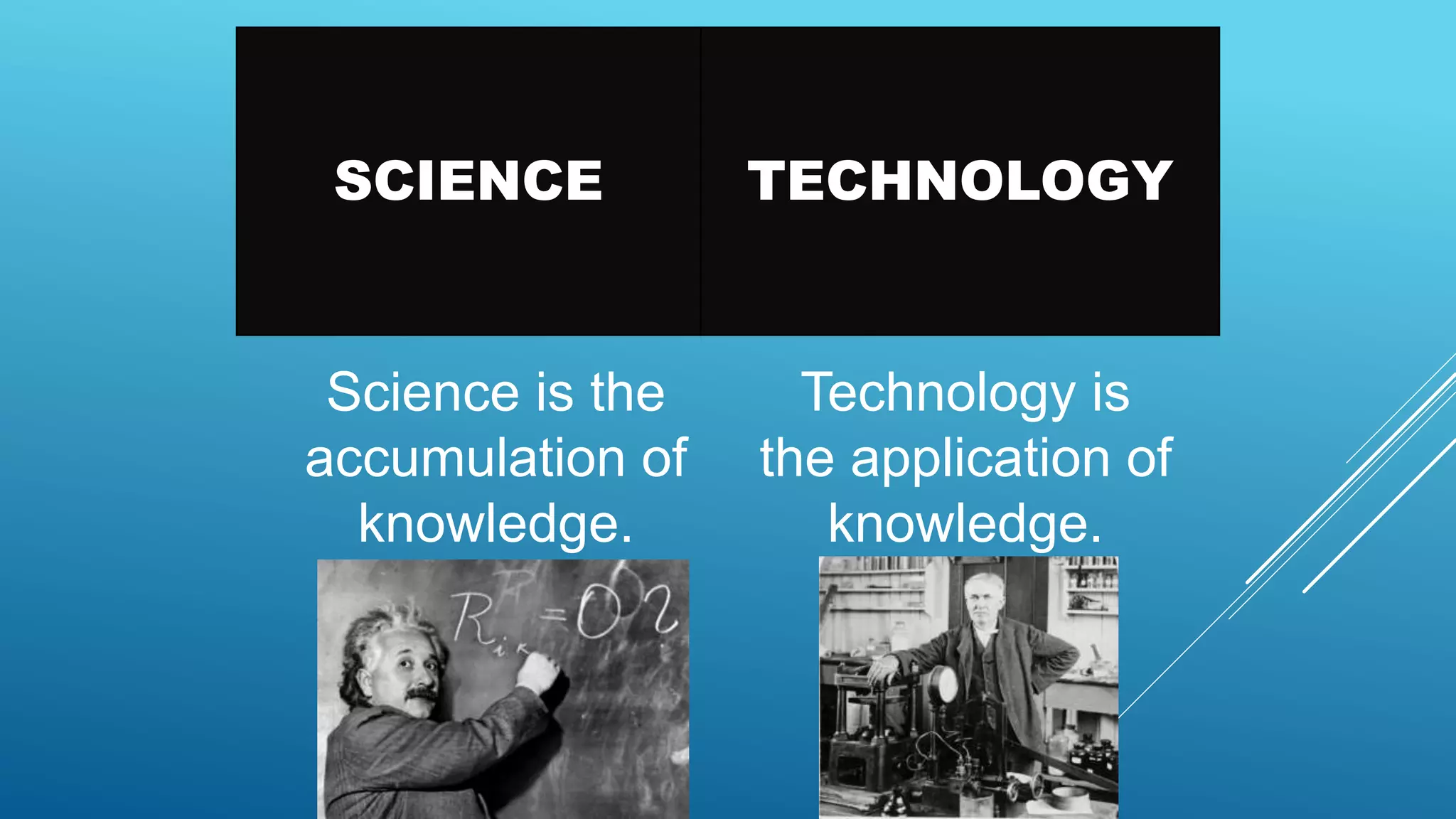 SCIENCE TECHNOLOGY
Technology is
the application of
knowledge.
Science is the
accumulation of
knowledge.
 