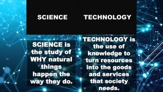 SCIENCE TECHNOLOGY
TECHNOLOGY is
the use of
knowledge to
turn resources
into the goods
and services
that society
needs.
SCIENCE is
the study of
WHY natural
things
happen the
way they do.
 