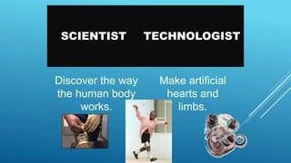 SCIENTIST TECHNOLOGIST
Make artificial
hearts and
limbs.
Discover the way
the human body
works.
 