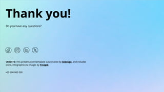 CREDITS: This presentation template was created by Slidesgo, and includes
icons, infographics & images by Freepik
Thank you!
Do you have any questions?
+00 000 000 000
 