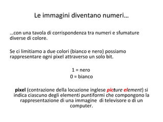 Le immagini diventano numeri… … con una tavola di corrispondenza tra numeri e sfumature diverse di colore. Se ci limitiamo a due colori (bianco e nero) possiamo rappresentare ogni pixel attraverso un solo bit.  1 = nero  0 = bianco pixel  (contrazione della locuzione inglese  pic t ure  el ement ) si indica ciascuno degli elementi puntiformi che compongono la rappresentazione di una immagine  di televisore o di un computer. 