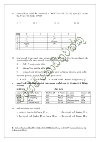 5 | Mahesh Kodituwakku (BTech-ICT,MCTS,MIEEE, Certificate in ICT(AIT-Thailand)National Dip
in Teaching (Merit)
17' my; me;sreï mf;ys D1 fldaIfhys = COUNT (A1:A5 , C1:C4) f,i ,shd Odjkh
l< úg ,efnk ms<s;=r jkafka"
1& 7 2& 9 3& 14 4& 12
A B C D
1 35 43
2 43 39
3 29 Orange
4 Apple 50
5 30
6
18' joka ieliqï uDÿldx.hla yryd ilik ,o fþo lsysmhl we;s f,aLkhl ish¨u fþo
tljr f;dard.ekSu i|yd l<yels wdldr lsysmhla my; ±lafõ'
A - Ctrl + A h;=re tljr tîu'
B - jpkhla u; f;jrla la,sla lsÍu'
C - jdlHfha m<uq jpkfha wdrïNh la,sla fldg f,aLkfha wjidkh f;la we£u'
ñka by; l%shdj,sh l<yels ksjerÈ l%u$ l%uh jkafka"
1& A muKs' 2& A yd B muKs' 3& A yd C muKs' 4& by; ish,a,u ksjerÈh'
³ my; § we;s iïnkaOl wdldrfha o;a; mdolh weiqßka wxl 19" 20 m%Yak j,g ms<s;=re
imhkak'
mdGud,dj YsIH j.=j
Course_ID Course Name Student ID F_Name L_Name Course_ID
A004 Accounts 001 Sarala De Silva A005
A005 Computing 002 Nimal Perera A006
A006 History 003 Kavin Gunawardana A004
A007 Short Course 004 Vikum De Silva A006
19' fuys wd.ka;=l h;=r jkafka"
1& mdGud,d j.=fõ we;s Course_ID h' 2&YsIH j.=fõ we;s Student_ID h'
3& YsIH j.=fõ we;s Student_ID yd Course_ID h' 4&YsIH j.=fõ we;s Course_ID h'
 
