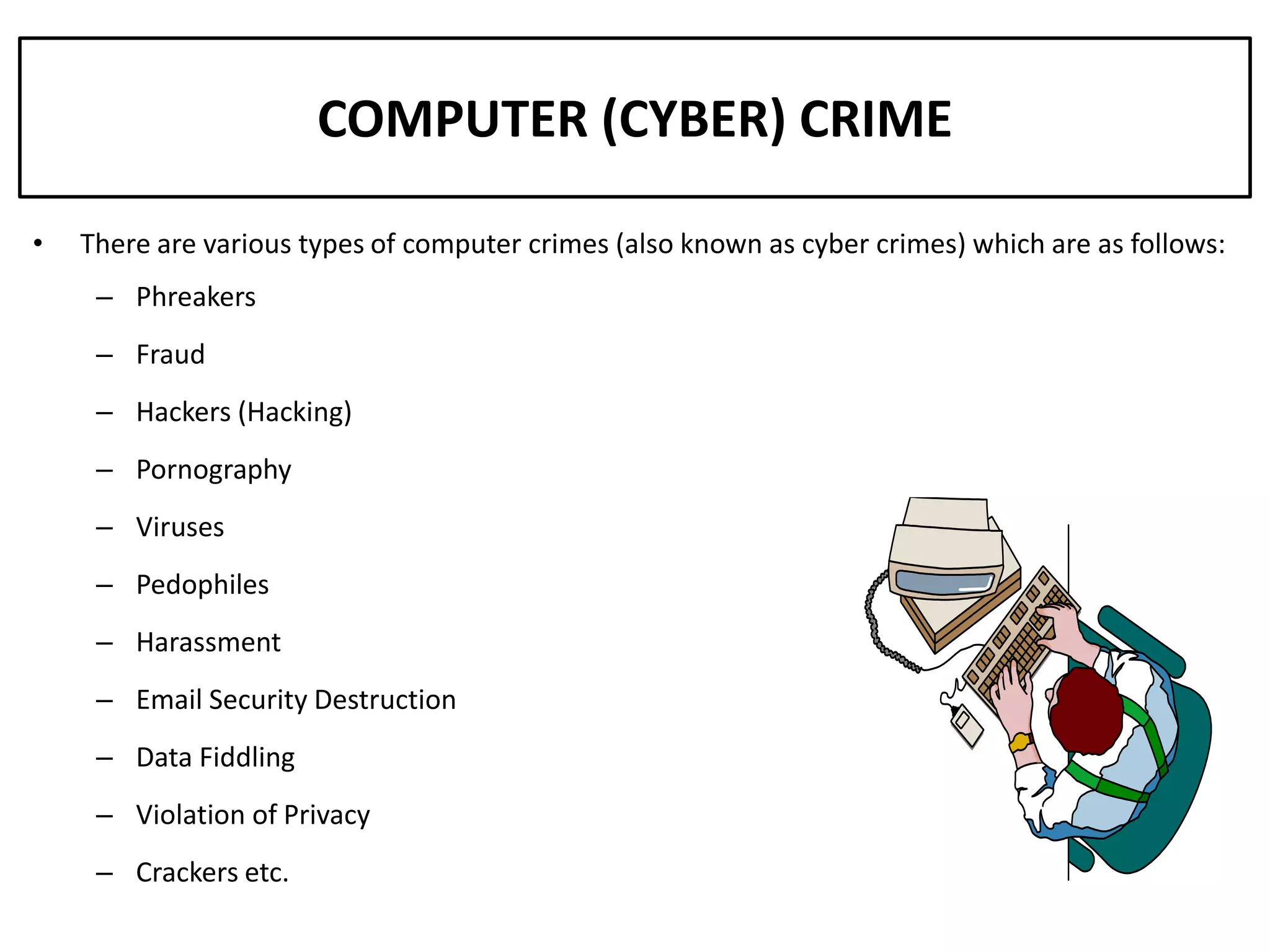 COMPUTER (CYBER) CRIME

•   There are various types of computer crimes (also known as cyber crimes) which are as follows:
     – Phreakers
     – Fraud
     – Hackers (Hacking)
     – Pornography
     – Viruses
     – Pedophiles
     – Harassment
     – Email Security Destruction
     – Data Fiddling
     – Violation of Privacy
     – Crackers etc.
 