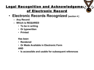 Legal Recognition and Acknowledgement  of Electronic Record Electronic Records Recognized  [section 4 ] Any Record  Which is REQUIRED To be in writing Or typewritten Printed Has been  Rendered Or Made Available in Electronic Form  AND Is accessible and usable for subsequent references 