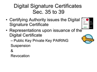 Digital Signature Certificates  Sec. 35 to 39 Certifying Authority issues the Digital Signature Certificate Representations upon issuance of the Digital Certificate Public Key Private Key PAIRING Suspension  &  Revocation 