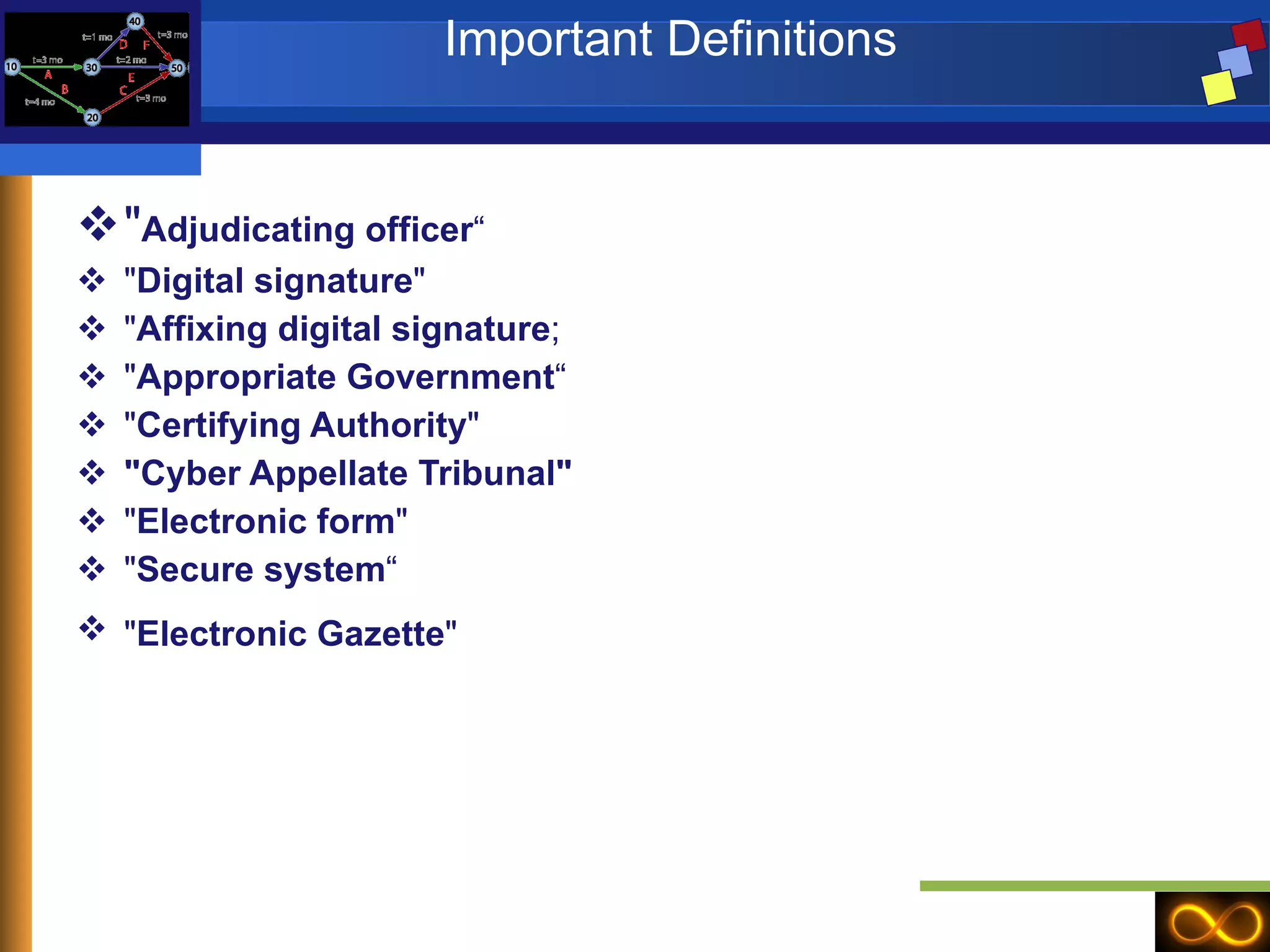 Important Definitions  " Adjudicating officer “ " Digital signature "  " Affixing digital signature ; " Appropriate Government “ " Certifying Authority "  "Cyber Appellate Tribunal"   " Electronic form "  " Secure system “ " Electronic Gazette "   