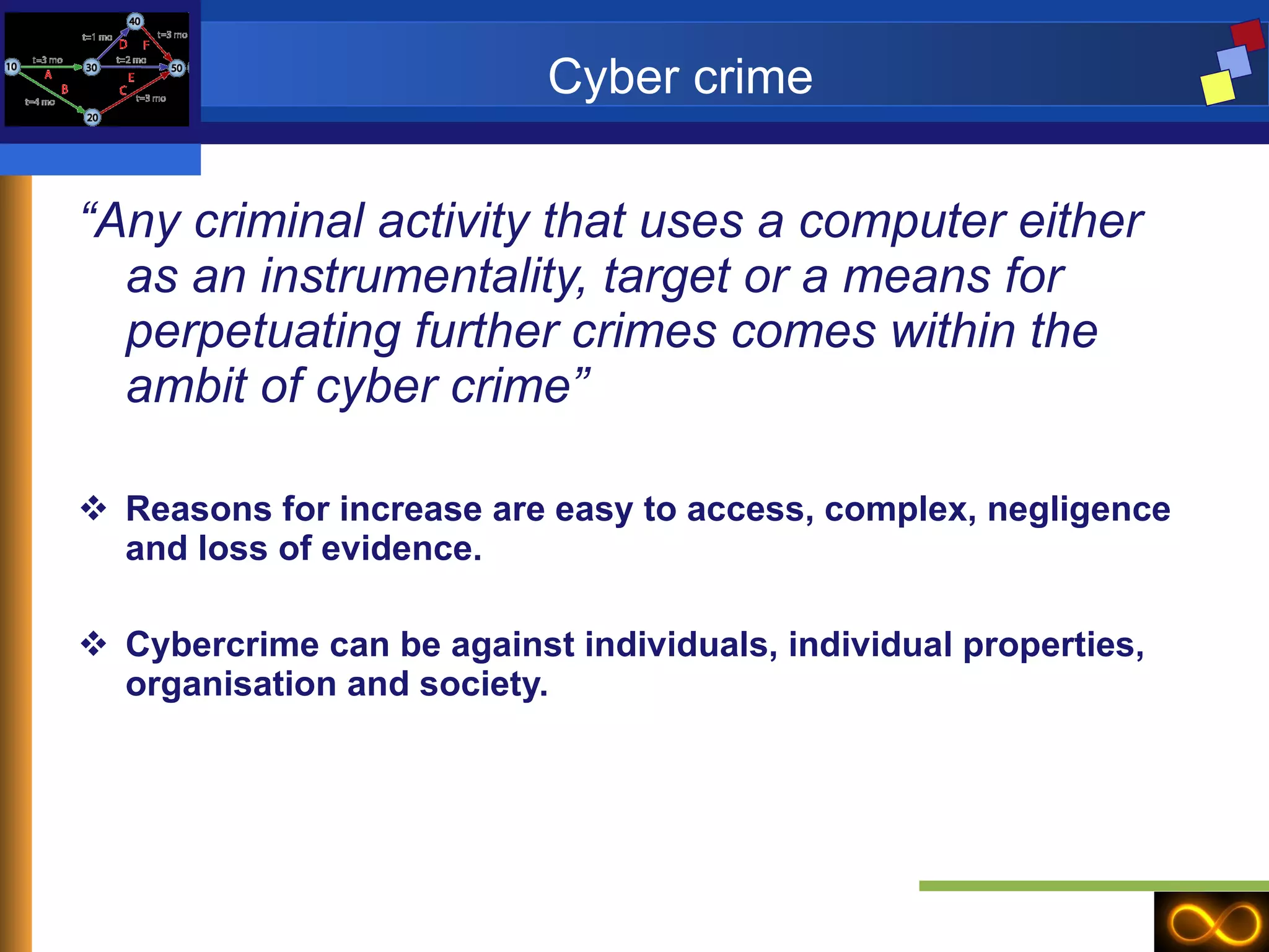 Cyber crime “ An y criminal activity that uses a computer either as an instrumentality, target or a means for perpetuating further crimes comes within the ambit of cyber crime” Reasons for increase are easy to access, complex, negligence and loss of evidence. Cybercrime can be against individuals, individual properties, organisation and society. 
