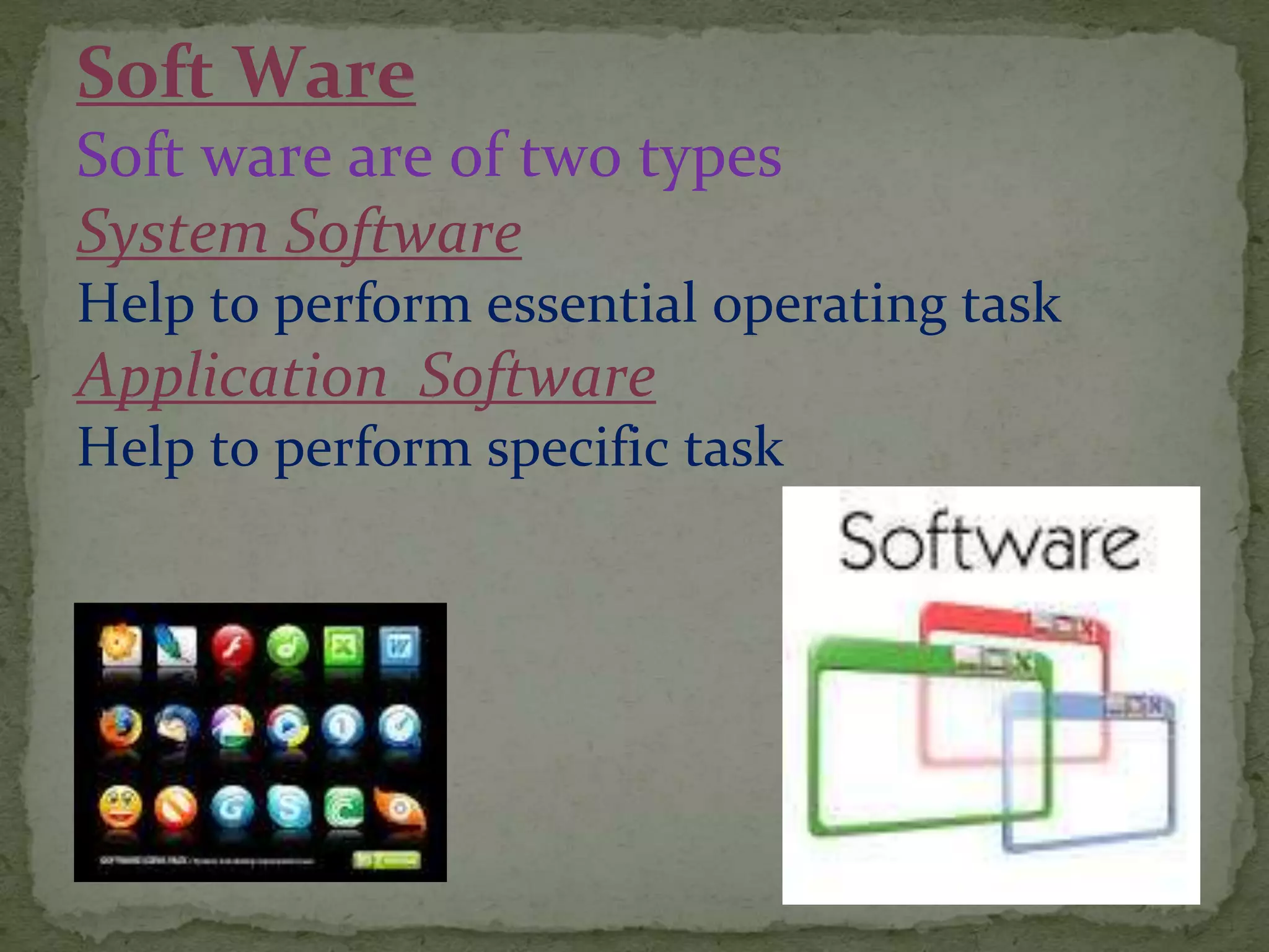 Soft Ware
Soft ware are of two types
System Software
Help to perform essential operating task
Application Software
Help to perform specific task
 