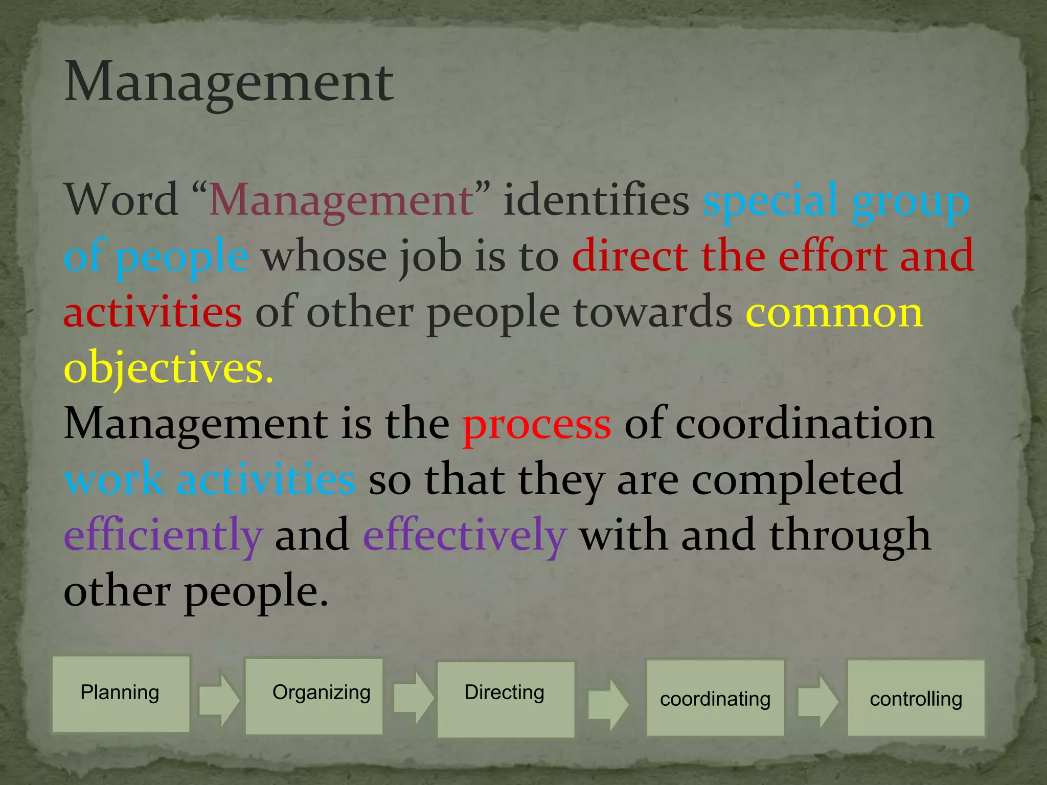 Management
Word “Management” identifies special group
of people whose job is to direct the effort and
activities of other people towards common
objectives.
Management is the process of coordination
work activities so that they are completed
efficiently and effectively with and through
other people.
coordinating controllingPlanning Organizing Directing
 