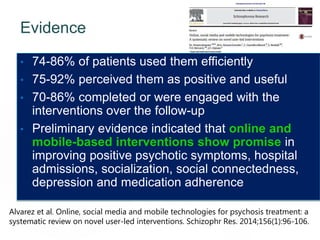 Evidence 105
• 74-86% of patients used them efficiently
• 75-92% perceived them as positive and useful
• 70-86% completed or were engaged with the
interventions over the follow-up
• Preliminary evidence indicated that online and
mobile-based interventions show promise in
improving positive psychotic symptoms, hospital
admissions, socialization, social connectedness,
depression and medication adherence
Alvarez et al. Online, social media and mobile technologies for psychosis treatment: a
systematic review on novel user-led interventions. Schizophr Res. 2014;156(1):96-106.
 