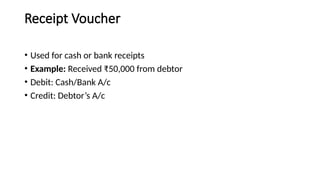 Receipt Voucher
• Used for cash or bank receipts
• Example: Received ₹50,000 from debtor
• Debit: Cash/Bank A/c
• Credit: Debtor’s A/c
 