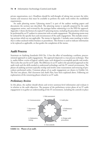 78  ◾  Information Technology Control and Audit
private organizations, etc.). Deadlines should be well-thought of taking into account the infor-
mation and resources that must be available to perform the audit work within the established
requirements.
An audit planning memo (“planning memo”) is part of the auditor working papers and
documents the sections just described. The planning memo is typically prepared by the audit
engagement senior, and reviewed by the manager before submitting it to the PPD for approval.
Appendix 1 shows the format of a typical IT planning memo, including the procedures which may
be performed by an IT auditor in connection with an audit engagement. The planning memo may
be tailored for the specific facts and circumstances of the audit engagement. This includes remov-
ing sections which are not applicable. The memo in Appendix 1 includes some wording in italics
that is either enclosed within brackets or parentheses. This format is used to indicate information
to be replaced as applicable, or that guides the completion of the memo.
Audit Process
Statement on Auditing Standards (SAS No. 1) has the effect of mandating a uniform, process-
oriented approach to audit engagements. The approach depicted is a true process technique. That
is, audits follow a series of logical, orderly steps, each designed to accomplish specific end results.
This is also the case for an IT audit. The difference in an IT audit is the specialized approach to the
audit work and the skills needed to understand technology and the IT control environment. The
phases of auditing activities typically overlap and involve some reassessment and retracing of pro-
cedures performed earlier. Common phases of an audit engagement are shown in Exhibit 3.6.
The first two phases, Risk Assessment and Audit Plan, have been explained above. Following are
explanations of the remaining phases related to an IT audit.
Preliminary Review
In this phase, the auditor should obtain and review summary-level information and evaluate it
in relation to the audit objectives. The purpose of the preliminary review phase of an IT audit
engagement is to gather an understanding of the IT environment, including the controls in place
1. Risk assessment
2. Audit plan
3. Preliminary
review
4. Design audit
procedures
5. Test controls
6. Substantive
testing
7. Document
results
8. Communication
Exhibit 3.6  Phases of an audit.
 