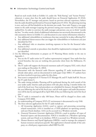 94  ◾  Information Technology Control and Audit
Based on such results (look at Exhibit 3.3, under the “Risk Rating” and “Action Priority”
columns), it seems clear that the audit should focus on Financial Application #2 (FA2).
Nevertheless, the IT manager and partner, based on previous relevant experience, believe
that the audit should be performed on Financial Application #1 (FA1). The planning meeting
is over, and you still feel doubtful on the decision just made. Your task: Prepare a two-page
memo to the audit manager (copying the partner) stating your reasons why FA2 should be
audited first. In order to convince the audit manager and partner, you are to think “outside
the box.” In other words, think of additional information not necessarily documented in the
risk assessment shown in Exhibit 3.3, and document in your memo information related to:
	a.	
Any additional vulnerabilities or weaknesses that may currently be in place affecting FA2
	 b.	 Any additional threat-sources that can trigger the vulnerabilities or weaknesses you just
identified for FA2
	 c.	 Any additional risks or situations involving exposure to loss for the financial infor-
mation in FA2
	 d.	 Any additional controls or procedures that should be implemented to mitigate the risks
just identified
	 2.	Use the following information to prepare an IT Planning Memo similar to the one in
Appendix 1.
	 a.	 You are the IT audit senior (or IT auditor representative) assigned. Your audit firm has
several branches, but you are working this particular client from the Melbourne, FL
office.
	 b.	 The IT audit will support the financial statement audit of Company XYZ, with a fiscal
year ending on December 31, 20XX.
	 c.	 Discussions with the financial audit Director regarding IT audit involvement have
already taken place, and are documented in work paper (w/p) 1000.1. IT auditors have
not been involved in previous audits for this client.
	 d.	 Your team is composed of: IT Partner P, IT Manager M, and IT Audit Staff AS. You are
the IT audit Senior S.
	 e.	 The audit timing includes: Planning will be performed during the sixth month of the
year under audit; Interim audit procedures will take place during 2 months before the
end of the fiscal year; Year-end procedures are scheduled for January through March of
the year following the end of the fiscal year; and all work papers and audit documenta-
tion will be due by and signed off on April 30th of the year following the end of the fiscal
year.
	 f.	 The IT audit is estimated to take 100 hours. Hours will be charged to client code:
Company XYZ-0000.
	 g.	 An understanding of Company XYZ’s IT environment is documented in w/p 1540.
	 h.	 The three relevant applications for the IT audit include are:
	i.	
All Accounting Application (AAA)—used to capture and processing accounting-
related transactions. AAA is installed on a UNIX platform (or operating system),
and uses Oracle database. AAA can be accessed via a Windows network.
	ii.	
Financial Document Generator Application (FDGA)—used to produce all types of
financial reports and documentation. FDGA is installed on a Windows operating
system, and uses Oracle as its database. FDGA is accessed via a Windows network.
	iii.	
Human Resources and Payroll Application (HRPA)—used to manage the company’s
human resources and process payroll. This application is hosted outside of the com-
pany, at a third-party organization called HRP-For-All.
 