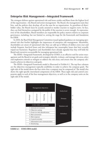Risk Management  ◾  157
Enterprise Risk Management—Integrated Framework
The strongest defense against operational risk and losses resides and flows from the highest level
of the organization—the Board and senior management. The Board, the management team they
hire, and the policies they develop, all set the tone for an organization. As guardians of share-
holder value, the Board must be acutely attuned to market reaction to negative news. In fact,
they can find themselves castigated by the public if the reaction is severe enough. As representa-
tives of the shareholders, Board members are responsible for policy matters relative to corporate
governance, including, but not limited to, setting the stage for the framework and foundation
for ERM.
In 2010, the Basel Risk Management Committee issued updated guidance on managing oper-
ational risk that further highlights the importance of enterprise risk management. Meanwhile,
shareholders are aware of operational risks that can add up to billions of dollars every year and
include frequent, low-level losses and also infrequent but catastrophic losses that have actually
wiped out businesses. Regulators and shareholders have already signaled that they will hold the
Board and executives accountable for managing operational risk.
The ERM—Integrated Framework, developed by COSO, is an effective tool for senior man-
agement and the Board to set goals and strategies; identify, evaluate, and manage risk areas; select
and implement controls to mitigate or address the risk areas; and ensure that the company ulti-
mately achieves its objectives and goals.
The ERM—Integrated Framework model is illustrated in Exhibit 6.1. The top four columns
are the objectives management typically establishes in order to achieve the company goals. The
right side of the model shows the four units that a company may be composed of. The model also
shows the eight specific interrelated components of the ERM. These eight risk and control com-
ponents apply to each of the four management objectives, as well as to the company units on the
right side of the model.
Management objectives
Strategic
Operations
Reporting
Compliance
COSO-ERM components
1. Internal environment
2. Objective setting
3. Event (or risk) identification
4. Risk assessment
5. Risk response
6. Control activities
7. Information and communication
8. Monitoring
Entity level
Division
Business unit
Subsidiary
U
n
i
t
s
Exhibit 6.1  COSO-ERM model.
 