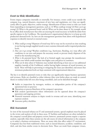 Risk Management  ◾  159
Event (or Risk) Identification
Events impact companies internally or externally. For instance, events could occur outside the
company (e.g., natural disasters, enactment of new laws and regulations, etc.) that can signifi-
cantly affect its goals, objectives, and/or strategy. Identification of these events or risks can result
from responding to management questions, such as: (1) What could go wrong? (2) How can it go
wrong? (3) What is the potential harm? and (4) What can be done about it? An example would
be an office desk manufacturer that relies on sourcing the wood necessary to build the desks from
specific regions in the Caribbean. The manufacturer’s organizational objective is to keep up with
production demand levels. So, here are the management questions from above with hypothetical
responses to identify internal or external events:
	1.	
What could go wrong? Shipment of wood may fail or may not be received on time resulting
in not having enough supplied wood to meet customer demands and/or required production
levels.
	2.	
How can it go wrong? Weather conditions (e.g., hurricanes, flooding, etc.) may affect safe
conditions to cut trees and prepare the necessary wood; or prevent timely shipment of the
wood to the manufacturing site.
	3.	
What is the potential harm? The lack of or limited supply may prompt the manufacturer
higher costs which could translate into higher costs and prices to customers.
	4.	
What can be done about it? Solutions may include identifying at least one or two additional
suppliers (outside of the Caribbean), and/or having higher amounts of wood inventory on
hand. These will help in preventing or mitigating the issues just identified, and ensure that
minimum production levels are kept consistent with organizational objectives.
The key is to identify potential events or risks that can significantly impact business operations
and revenues. Risks are classified as either inherent (they exist before plans are made to control
them) or residual (risks left over after being controlled), and can be identified through:
◾
◾ Audits or inspections by managers, workers, or independent parties of the company’s
­
operational sites or practices
◾
◾ Operations or process flowcharts of the company’s operations
◾
◾ Risk analysis questionnaires where information can be captured about the company’s
­
operations and ongoing activities
◾
◾ Financial statement analyses to depict trends in revenue and cost areas, identifying asset
exposure analysis
◾
◾ Insurance policy checklists
Risk Assessment
In view of the increased reliance on IT and automated systems, special emphasis must be placed
in the review and analysis of risk in these areas. IT facilities and hardware are often included in
the company’s overall plant and property review; however, automated systems require a separate
analysis, especially when these systems are the sole source of critical information to the company
as in today’s e-business environments. There are many risks that affect today’s IT environment.
Companies face loss from traditional events, such as natural disasters, accidents, vandalism, and
theft, and also from similar events in electronic form. These can result from computer viruses,
 