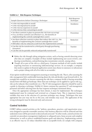 Risk Management  ◾  161
◾
◾ Reduce the risk through taking mitigation actions, such as having controls detecting errors
after data are complete. Examples of these include implementing user access reviews, con-
ducting reconciliations, and performing data transmission controls, among others.
◾
◾ Transfer all or part of the risk to a third party. Common methods of risk transfer include
acquiring insurance or outsourcing (subcontracting) services. As an example, a company
that needs to update its financial application system may choose to outsource or subcontract
such a project (along with all of its risks) to an outsider.
A last option would involve management assuming or retaining the risk. That is, after assessing the
risk, management feels comfortable knowing about the risk and decides to go forward with it. An
example here would be an investor assuming the risk that a company he/she is buying ownership
(stock) from will likely go bankrupt. More than one technique can be applied to a given risk (e.g.,
risk can be reduced, then transferred, etc.). The IT risk management objectives should be used as
a guide in choosing a technique. Exhibit 6.2 shows common key questions IT and management
personnel ask before selecting from the four response techniques mentioned above.
Once the appropriate technique has been chosen, it must be implemented. The techniques
implemented must be evaluated and reviewed on a frequent basis. This is important because
­
variables that went in the selection of a previous technique may change. Techniques that were
appropriate last year may not be so this year, and mistakes may occur. The application of the
wrong technique(s) must be detected early and corrected.
Control Activities
COBIT defines control activities as the “policies, procedures, practices, and organization struc-
tures designed to provide reasonable assurance that business objectives will be achieved and that
undesired events will be prevented or detected and corrected.” In other words, control activities (or
controls) are procedures management implement to safeguard assets, keep accurate and complete
information, as well as achieve established business goals and objectives. Implementing controls
is an effective way to: (1) reduce identified risks to acceptable levels; (2) comply with company
Exhibit 6.2  Risk Response Techniques
Sample Questions before Choosing a Technique
Risk Response
Technique
•	Is the risk impossible to avoid?
•	Is the risk impractical to avoid?
•	Is the risk too expensive to avoid?
•	Is the risk too time consuming to avoid?
Avoidance
•	Are there controls in place to prevent the risk from occurring?
•	If so, are these controls cost effective? (i.e., the benefits of
implementing the controls outweigh their costs?)
Prevention
•	Are there effective controls in place that reduce the risk? (i.e., the
benefits of implementing the controls outweigh their costs?)
•	Will other risks be reduced as well from the implemented controls?
Reduction
•	Can the risk be transferred to a third party through purchasing
insurance?
•	Can the risk be partially reduced and partially transferred?
Transfer
 