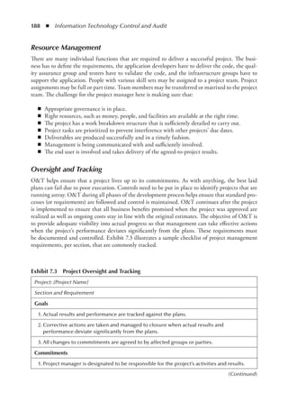 188  ◾  Information Technology Control and Audit
Resource Management
There are many individual functions that are required to deliver a successful project. The busi-
ness has to define the requirements, the application developers have to deliver the code, the qual-
ity assurance group and testers have to validate the code, and the infrastructure groups have to
support the application. People with various skill sets may be assigned to a project team. Project
assignments may be full or part time. Team members may be transferred or matrixed to the project
team. The challenge for the project manager here is making sure that:
◾
◾ Appropriate governance is in place.
◾
◾ Right resources, such as money, people, and facilities are available at the right time.
◾
◾ The project has a work breakdown structure that is sufficiently detailed to carry out.
◾
◾ Project tasks are prioritized to prevent interference with other projects’ due dates.
◾
◾ Deliverables are produced successfully and in a timely fashion.
◾
◾ Management is being communicated with and sufficiently involved.
◾
◾ The end user is involved and takes delivery of the agreed-to-project results.
Oversight and Tracking
OT helps ensure that a project lives up to its commitments. As with anything, the best laid
plans can fail due to poor execution. Controls need to be put in place to identify projects that are
running astray. OT during all phases of the development process helps ensure that standard pro-
cesses (or requirements) are followed and control is maintained. OT continues after the project
is implemented to ensure that all business benefits promised when the project was approved are
realized as well as ongoing costs stay in line with the original estimates. The objective of OT is
to provide adequate visibility into actual progress so that management can take effective actions
when the project’s performance deviates significantly from the plans. These requirements must
be documented and controlled. Exhibit 7.3 illustrates a sample checklist of project management
requirements, per section, that are commonly tracked.
Exhibit 7.3  Project Oversight and Tracking
Project: [Project Name]
Section and Requirement
Goals
	 1.	Actual results and performance are tracked against the plans.
	 2.	Corrective actions are taken and managed to closure when actual results and
performance deviate significantly from the plans.
	 3.	All changes to commitments are agreed to by affected groups or parties.
Commitments
	 1.	Project manager is designated to be responsible for the project’s activities and results.
(Continued)
 