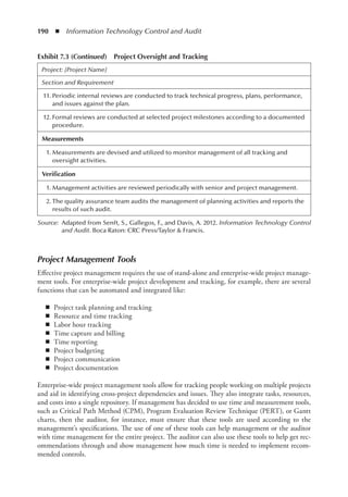 190  ◾  Information Technology Control and Audit
Project Management Tools
Effective project management requires the use of stand-alone and enterprise-wide project manage-
ment tools. For enterprise-wide project development and tracking, for example, there are several
functions that can be automated and integrated like:
◾
◾ Project task planning and tracking
◾
◾ Resource and time tracking
◾
◾ Labor hour tracking
◾
◾ Time capture and billing
◾
◾ Time reporting
◾
◾ Project budgeting
◾
◾ Project communication
◾
◾ Project documentation
Enterprise-wide project management tools allow for tracking people working on multiple projects
and aid in identifying cross-project dependencies and issues. They also integrate tasks, resources,
and costs into a single repository. If management has decided to use time and measurement tools,
such as Critical Path Method (CPM), Program Evaluation Review Technique (PERT), or Gantt
charts, then the auditor, for instance, must ensure that these tools are used according to the
management’s specifications. The use of one of these tools can help management or the auditor
with time management for the entire project. The auditor can also use these tools to help get rec-
ommendations through and show management how much time is needed to implement recom-
mended controls.
Exhibit 7.3 (Continued)  Project Oversight and Tracking
Project: [Project Name]
Section and Requirement
	11.	Periodic internal reviews are conducted to track technical progress, plans, performance,
and issues against the plan.
	12.	Formal reviews are conducted at selected project milestones according to a documented
procedure.
Measurements
	 1.	Measurements are devised and utilized to monitor management of all tracking and
oversight activities.
Verification
	 1.	Management activities are reviewed periodically with senior and project management.
	 2.	The quality assurance team audits the management of planning activities and reports the
results of such audit.
Source:	 Adapted from Senft, S., Gallegos, F., and Davis, A. 2012. Information Technology Control
and Audit. Boca Raton: CRC Press/Taylor  Francis.
 