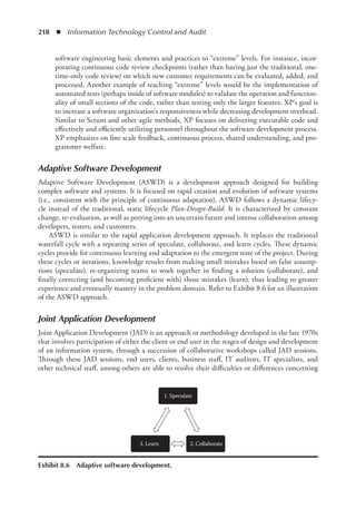 218  ◾  Information Technology Control and Audit
software engineering basic elements and practices to “extreme” levels. For instance, incor-
porating continuous code review checkpoints (rather than having just the traditional, one-
time-only code review) on which new customer requirements can be evaluated, added, and
processed. Another example of reaching “extreme” levels would be the implementation of
automated tests (perhaps inside of software modules) to validate the operation and function-
ality of small sections of the code, rather than testing only the larger features. XP’s goal is
to increase a software organization’s responsiveness while decreasing development overhead.
Similar to Scrum and other agile methods, XP focuses on delivering executable code and
effectively and efficiently utilizing personnel throughout the software development process.
XP emphasizes on fine scale feedback, continuous process, shared understanding, and pro-
grammer welfare.
Adaptive Software Development
Adaptive Software Development (ASWD) is a development approach designed for building
complex software and systems. It is focused on rapid creation and evolution of software systems
(i.e., consistent with the principle of continuous adaptation). ASWD follows a dynamic lifecy-
cle instead of the traditional, static lifecycle Plan-Design-Build. It is characterized by constant
change, re-evaluation, as well as peering into an uncertain future and intense collaboration among
­
developers, testers, and customers.
ASWD is similar to the rapid application development approach. It replaces the traditional
waterfall cycle with a repeating series of speculate, collaborate, and learn cycles. These dynamic
cycles provide for continuous learning and adaptation to the emergent state of the project. During
these cycles or iterations, knowledge results from making small mistakes based on false assump-
tions (speculate), re-organizing teams to work together in finding a solution (collaborate), and
finally correcting (and becoming proficient with) those mistakes (learn), thus leading to greater
experience and eventually mastery in the problem domain. Refer to Exhibit 8.6 for an illustration
of the ASWD approach.
Joint Application Development
Joint Application Development (JAD) is an approach or methodology developed in the late 1970s
that involves participation of either the client or end user in the stages of design and development
of an information system, through a succession of collaborative workshops called JAD sessions.
Through these JAD sessions, end users, clients, business staff, IT auditors, IT specialists, and
other technical staff, among others are able to resolve their difficulties or differences concerning
1. Speculate
2. Collaborate
3. Learn
Exhibit 8.6  Adaptive software development.
 
