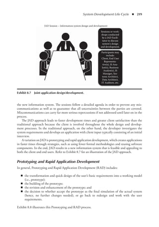 System Development Life Cycle  ◾  219
the new information system. The sessions follow a detailed agenda in order to prevent any mis-
communications as well as to guarantee that all uncertainties between the parties are covered.
Miscommunications can carry far more serious repercussions if not addressed until later on in the
process.
The JAD approach leads to faster development times and greater client satisfaction than the
traditional approach because the client is involved throughout the whole design and develop-
ment processes. In the traditional approach, on the other hand, the developer investigates the
system requirements and develops an application with client input typically consisting of an initial
interview.
A variation on JAD is prototyping and rapid application development, which creates applications
in faster times through strategies, such as using fewer formal methodologies and reusing software
components. In the end, JAD results in a new information system that is feasible and appealing to
both the client and end users. Refer to Exhibit 8.7 for an illustration of the JAD approach.
Prototyping and Rapid Application Development
In general, Prototyping and Rapid Application Development (RAD) includes:
◾
◾ the transformation and quick design of the user’s basic requirements into a working model
(i.e., prototype);
◾
◾ the building of the prototype;
◾
◾ the revision and enhancement of the prototype; and
◾
◾ the decision to whether accept the prototype as the final simulation of the actual ­
system
(hence, no further changes needed), or go back to redesign and work with the user
requirements.
Exhibit 8.8 illustrates this Prototyping and RAD process.
Sessions or work-
shops conducted
by a JAD Facili-
tator to discuss
system’s design
and development.
Participants may
include:
Client, End User
Representa-
tive(s), IS Ana-
lyst(s), Business
Analyst(s), IS
Manager, Sys-
tems Architect,
Data Architect,
IT Auditors, etc.
JAD Session – Information system design and development
Exhibit 8.7  Joint application design/development.
 