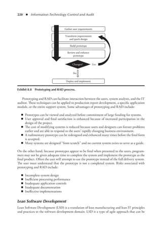 220  ◾  Information Technology Control and Audit
Prototyping and RAD can facilitate interaction between the users, system analysts, and the IT
auditor. These techniques can be applied to production report development, a specific application
module, or the entire support system. Some advantages of prototyping and RAD include:
◾
◾ Prototypes can be viewed and analyzed before commitment of large funding for systems.
◾
◾ User approval and final satisfaction is enhanced because of increased participation in the
design of the project.
◾
◾ The cost of modifying systems is reduced because users and designers can foresee problems
earlier and are able to respond to the users’ rapidly changing business environment.
◾
◾ A rudimentary prototype can be redesigned and enhanced many times before the final form
is accepted.
◾
◾ Many systems are designed “from scratch” and no current system exists to serve as a guide.
On the other hand, because prototypes appear to be final when presented to the users, program-
mers may not be given adequate time to complete the system and implement the prototype as the
final product. Often the user will attempt to use the prototype instead of the full delivery system.
The user must understand that the prototype is not a completed system. Risks associated with
prototyping and RAD include:
◾
◾ Incomplete system design
◾
◾ Inefficient processing performance
◾
◾ Inadequate application controls
◾
◾ Inadequate documentation
◾
◾ Ineffective implementations
Lean Software Development
Lean Software Development (LSD) is a translation of lean manufacturing and lean IT principles
and practices to the software development domain. LSD is a type of agile approach that can be
Transform requirements
and quick design
Build prototype
Review and enhance
prototype
Yes
No
Deploy and implement
Changes?
Gather user requirements
Exhibit 8.8  Prototyping and RAD process.
 