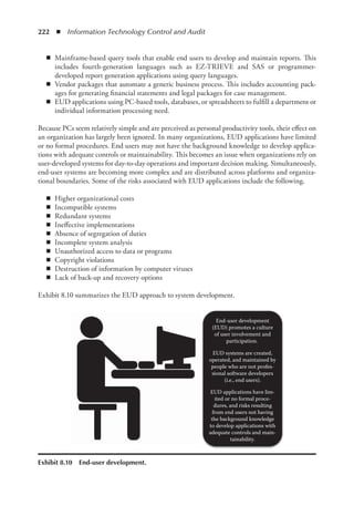 222  ◾  Information Technology Control and Audit
◾
◾ Mainframe-based query tools that enable end users to develop and maintain reports. This
includes fourth-generation languages such as EZ-TRIEVE and SAS or programmer-­
developed report generation applications using query languages.
◾
◾ Vendor packages that automate a generic business process. This includes accounting pack-
ages for generating financial statements and legal packages for case management.
◾
◾ EUD applications using PC-based tools, databases, or spreadsheets to fulfill a department or
individual information processing need.
Because PCs seem relatively simple and are perceived as personal productivity tools, their effect on
an organization has largely been ignored. In many organizations, EUD applications have limited
or no formal procedures. End users may not have the background knowledge to develop applica-
tions with adequate controls or maintainability. This becomes an issue when organizations rely on
user-developed systems for day-to-day operations and important decision making. Simultaneously,
end-user systems are becoming more complex and are distributed across platforms and organiza-
tional boundaries. Some of the risks associated with EUD applications include the following.
◾
◾ Higher organizational costs
◾
◾ Incompatible systems
◾
◾ Redundant systems
◾
◾ Ineffective implementations
◾
◾ Absence of segregation of duties
◾
◾ Incomplete system analysis
◾
◾ Unauthorized access to data or programs
◾
◾ Copyright violations
◾
◾ Destruction of information by computer viruses
◾
◾ Lack of back-up and recovery options
Exhibit 8.10 summarizes the EUD approach to system development.
End-user development
(EUD) promotes a culture
of user involvement and
participation.
EUD systems are created,
operated, and maintained by
people who are not profes-
sional software developers
(i.e., end users).
EUD applications have lim-
ited or no formal proce-
dures, and risks resulting
from end users not having
the background knowledge
to develop applications with
adequate controls and main-
tainability.
Exhibit 8.10  End-user development.
 