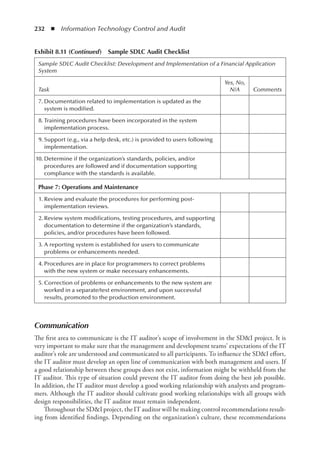 232  ◾  Information Technology Control and Audit
Communication
The first area to communicate is the IT auditor’s scope of involvement in the SDI project. It is
very important to make sure that the management and development teams’ expectations of the IT
auditor’s role are understood and communicated to all participants. To influence the SDI effort,
the IT auditor must develop an open line of communication with both management and users. If
a good relationship between these groups does not exist, information might be withheld from the
IT auditor. This type of situation could prevent the IT auditor from doing the best job possible.
In addition, the IT auditor must develop a good working relationship with analysts and program-
mers. Although the IT auditor should cultivate good working relationships with all groups with
design responsibilities, the IT auditor must remain independent.
Throughout the SDI project, the IT auditor will be making control recommendations result-
ing from identified findings. Depending on the organization’s culture, these recommendations
Exhibit 8.11 (Continued)  Sample SDLC Audit Checklist
Sample SDLC Audit Checklist: Development and Implementation of a Financial Application
System
Task
Yes, No,
N/A Comments
	7.	
Documentation related to implementation is updated as the
system is modified.
	8.	
Training procedures have been incorporated in the system
implementation process.
	9.	
Support (e.g., via a help desk, etc.) is provided to users following
implementation.
	10.	Determine if the organization’s standards, policies, and/or
procedures are followed and if documentation supporting
compliance with the standards is available.
Phase 7: Operations and Maintenance
	1.	
Review and evaluate the procedures for performing post-
implementation reviews.
	2.	
Review system modifications, testing procedures, and supporting
documentation to determine if the organization’s standards,
policies, and/or procedures have been followed.
	3.	
A reporting system is established for users to communicate
problems or enhancements needed.
	4.	
Procedures are in place for programmers to correct problems
with the new system or make necessary enhancements.
	5.	
Correction of problems or enhancements to the new system are
worked in a separate/test environment, and upon successful
results, promoted to the production environment.
 