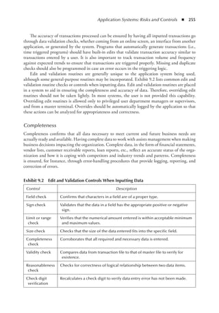 Application Systems: Risks and Controls  ◾  255
The accuracy of transactions processed can be ensured by having all inputted transactions go
through data validation checks, whether coming from an online screen, an interface from another
application, or generated by the system. Programs that automatically generate transactions (i.e.,
time triggered programs) should have built-in edits that validate transaction accuracy similar to
transactions entered by a user. It is also important to track transaction volume and frequency
against expected trends to ensure that transactions are triggered properly. Missing and duplicate
checks should also be programmed in case an error occurs in the triggering logic.
Edit and validation routines are generally unique to the application system being used,
although some general-purpose routines may be incorporated. Exhibit 9.2 lists common edit and
validation routine checks or controls when inputting data. Edit and validation routines are placed
in a system to aid in ensuring the completeness and accuracy of data. Therefore, overriding edit
routines should not be taken lightly. In most systems, the user is not provided this capability.
Overriding edit routines is allowed only to privileged user department managers or supervisors,
and from a master terminal. Overrides should be automatically logged by the application so that
these actions can be analyzed for appropriateness and correctness.
Completeness
Completeness confirms that all data necessary to meet current and future business needs are
­
actually ready and available. Having complete data to work with assists management when making
business decisions impacting the organization. Complete data, in the form of financial statements,
vendor lists, customer receivable reports, loan reports, etc., reflect an accurate status of the orga-
nization and how it is coping with competitors and industry trends and patterns. Completeness
is ensured, for Instance, through error-handling procedures that provide logging, reporting, and
correction of errors.
Exhibit 9.2  Edit and Validation Controls When Inputting Data
Control Description
Field check Confirms that characters in a field are of a proper type.
Sign check Validates that the data in a field has the appropriate positive or negative
sign.
Limit or range
check
Verifies that the numerical amount entered is within acceptable minimum
and maximum values.
Size check Checks that the size of the data entered fits into the specific field.
Completeness
check
Corroborates that all required and necessary data is entered.
Validity check Compares data from transaction file to that of master file to verify for
existence.
Reasonableness
check
Checks for correctness of logical relationship between two data items.
Check digit
verification
Recalculates a check digit to verify data entry error has not been made.
 