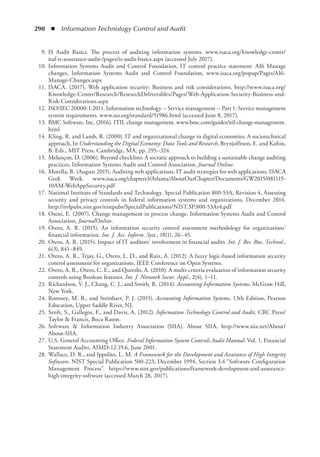 290  ◾  Information Technology Control and Audit
	 9.	IS Audit Basics. The process of auditing information systems. www.isaca.org/knowledge-center/
itaf-is-assurance-audit-/pages/is-audit-basics.aspx (accessed July 2017).
	 10.	Information Systems Audit and Control Foundation, IT control practice statement: AI6 Manage
changes, Information Systems Audit and Control Foundation, www.isaca.org/popup/Pages/AI6-
Manage-Changes.aspx
	 11.	ISACA. (2017). Web application security: Business and risk considerations. http://www.isaca.org/
Knowledge-Center/Research/ResearchDeliverables/Pages/Web-Application-Security-Business-and-
Risk-Considerations.aspx
	 12.	ISO/IEC 20000-1:2011. Information technology -- Service management -- Part 1: Service management
system requirements. www.iso.org/standard/51986.html (accessed June 8, 2017).
	 13.	BMC Software, Inc. (2016). ITIL change management. www.bmc.com/guides/itil-change-management.
html
	 14.	Kling, R. and Lamb, R. (2000). IT and organizational change in digital economies: A sociotechnical
approach, In Understanding the Digital Economy: Data Tools and Research, Brynjolfrson, E. and Kahin,
B. Eds., MIT Press, Cambridge, MA, pp. 295–324.
	 15.	Melançon, D. (2006). Beyond checklists: A socratic approach to building a sustainable change auditing
practices, Information Systems Audit and Control Association, Journal Online.
	 16.	Morella, R. (August 2015). Auditing web applications. IT audit strategies for web applications. ISACA
Geek Week. www.isaca.org/chapters3/Atlanta/AboutOurChapter/Documents/GW2015/081115-
10AM-WebAppSecurity.pdf
	 17.	National Institute of Standards and Technology. Special Publication 800-53A, Revision 4, Assessing
security and privacy controls in federal information systems and organizations, December 2014.
http://nvlpubs.nist.gov/nistpubs/SpecialPublications/NIST.SP.800-53Ar4.pdf
	 18.	Oseni, E. (2007). Change management in process change, Information Systems Audit and Control
Association, JournalOnline.
	 19.	Otero, A. R. (2015). An information security control assessment methodology for organizations’
financial information. Int. J. Acc. Inform. Syst., 18(1), 26–45.
	 20.	Otero, A. R. (2015). Impact of IT auditors’ involvement in financial audits. Int. J. Res. Bus. Technol.,
6(3), 841–849.
	 21.	Otero, A. R., Tejay, G., Otero, L. D., and Ruiz, A. (2012). A fuzzy logic-based information security
control assessment for organizations, IEEE Conference on Open Systems.
	 22.	Otero, A. R., Otero, C. E., and Qureshi, A. (2010). A multi-criteria evaluation of information security
controls using Boolean features. Int. J. Network Secur. Appl., 2(4), 1–11.
	 23.	Richardson, V. J., Chang, C. J., and Smith, R. (2014). Accounting Information Systems, McGraw Hill,
New York.
	 24.	Romney, M. B., and Steinbart, P. J. (2015). Accounting Information Systems, 13th Edition, Pearson
Education, Upper Saddle River, NJ.
	 25.	Senft, S., Gallegos, F., and Davis, A. (2012). Information Technology Control and Audit, CRC Press/
Taylor  Francis, Boca Raton.
	 26.	Software  Information Industry Association (SIIA). About SIIA, http://www.siia.net/About/
About-SIIA.
	 27.	U.S. General Accounting Office. Federal Information System Controls Audit Manual: Vol. 1, Financial
Statement Audits, AIMD-12.19.6, June 2001.
	 28.	Wallace, D. R., and Ippolito, L. M. A Framework for the Development and Assurance of High Integrity
Software. NIST Special Publication 500-223, December 1994, Section 3.4 “Software Configuration
Management Process”. https://www.nist.gov/publications/framework-development-and-assurance-
high-integrity-software (accessed March 28, 2017).
 