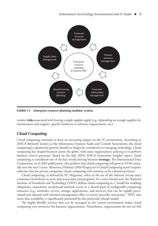 Information Technology Environment and IT Audit  ◾  5
vendor, risks associated with having a single supplier apply (e.g., depending on a single supplier for
maintenance and support, specific hardware or software requirements, etc.).
Cloud Computing
Cloud computing continues to have an increasing impact on the IT environment. According to
ISACA (formerly known as the Information Systems Audit and Control Association), the cloud
computing’s exponential growth should no longer be considered an emerging technology. Cloud
computing has shaped business across the globe, with some organizations utilizing it to perform
business critical processes. Based on the July 2015’s ISACA Innovation Insights report, cloud
computing is considered one of the key trends driving business strategy. The International Data
Corporation, in its 2015 publication, also predicts that cloud computing will grow at 19.4% annu-
ally over the next 5 years. Moreover, Deloitte’s 2016 Perspective’s Cloud Computing report (report)
indicates that for private companies, cloud computing will continue to be a dominant factor.
Cloud computing, as defined by PC Magazine, refers to the use of the Internet (versus one’s
computer’s hard drive) to store and access data and programs. In a more formal way, the National
Institute of Standards and Technology (NIST) defines cloud computing as a “model for enabling
ubiquitous, convenient, on-demand network access to a shared pool of configurable computing
resources (e.g., networks, servers, storage, applications, and services) that can be rapidly provi-
sioned and released with minimal management effort or service provider interaction.” NIST also
stress that availability is significantly promoted by this particular (cloud) model.
The highly flexible services that can be managed in the virtual environment makes cloud
computing very attractive for business organizations. Nonetheless, organizations do not yet feel
Financial
resource
management
Human
resource
management
Customer
relationship
management
Manufacturing
resource
planning
Supply chain
management
Enterprise
resource
planning
(Common DB)
Exhibit 1.1  Enterprise resource planning modular system.
 