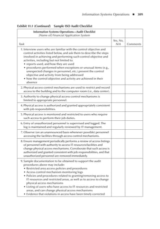 Information Systems Operations  ◾  309
Exhibit 11.1 (Continued)  Sample ISO Audit Checklist
Information Systems Operations––Audit Checklist
[Name of] Financial Application System
Task
Yes, No,
N/A Comments
	 1.	Interview users who are familiar with the control objective and
control activities listed below, and ask them to describe the steps
involved in achieving and performing such control objective and
activities, including but not limited to:
•	reports used, and how they are used
•	procedures performed when exceptions or unusual items (e.g.,
unexpected changes in personnel, etc.) prevent the control
objective and activity from being addressed
•	how the control objective and activity are achieved in their
absence
	 2.	Physical access control mechanisms are used to restrict and record
access to the building and to the computer room (i.e., data center).
	 3.	Authority to change physical access control mechanisms is
limited to appropriate personnel.
	 4.	Physical access is authorized and granted appropriately consistent
with job responsibilities.
	 5.	Physical access is monitored and restricted to users who require
such access to perform their job duties.
	 6.	Entry of unauthorized personnel is supervised and logged. The
log is maintained and regularly reviewed by IT management.
	 7.	Observe (on an unannounced basis whenever possible) personnel
accessing the facilities through access control mechanisms.
	 8.	Ensure management periodically performs a review of access listings
of personnel with authority to access IT resources/facilities and
change physical access mechanisms. Corroborate that such access is
authorized and granted consistent with job responsibilities, and that
unauthorized personnel are removed immediately.
	 9.	Sample documentation to be obtained to support the audit
procedures above may include:
•	Restricted area access policies and procedures
•	Access control mechanism monitoring logs
•	Policies and procedures related to granting/removing access to
IT resources and restricted areas, as well as to access to change
physical access mechanisms
•	Listing of users who have access to IT resources and restricted
areas, and can change physical access mechanisms
•	Evidence that violations in access have been timely corrected
 