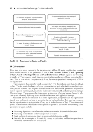 18  ◾  Information Technology Control and Audit
IT Governance
There have been many changes in the way enterprises address IT issues, resulting in a renewed
focus on the concepts of IT governance. CEOs, Chief Financial Officers, Chief Operating
Officers, Chief Technology Officers, and Chief Information Officers agree on the founding
principles of IT governance, which focus on strategic alignment between IT and enterprise objec-
tives. This, in turn, creates changes to tactical and day-to-day operational management of IT in
the organization.
IT governance is the process by which an enterprise’s IT is directed and controlled. As defined
earlier, IT refers to the hardware, software, communication, and other facilities used to input,
store, process, transmit, and output data in whatever form. Effective IT governance helps ensure
that IT supports business goals, maximizes business investment in IT, and appropriately manages
IT-related risks. IT governance also helps ensure achievement of critical success factors by effi-
ciently and effectively deploying secure, reliable information, and applied technology.
Because IT impacts the operation of an entire organization, everyone within the organization
should have an interest and role in governing its use and application. This growing awareness
has led organizations to recognize that, if they are to make the most of their IT investment and
protect that investment, they need a formal process to govern it. Reasons for implementing an IT
governance program include:
◾
◾ Increasing dependence on information and the systems that deliver the information
◾
◾ Increasing vulnerabilities and a wide spectrum of threats
◾
◾ Scale and cost of current and future investments in information and IS
◾
◾ Potential for technologies to dramatically change organizations and business practices to
create new opportunities and reduce costs
To support financial statement audits
To assess the completeness and accuracy of
information
To assess the integrity of information and
security of data
To support the effective functioning of
application controls
To control and monitor the significant
growth of corporate hackers, either internal
or external
To identify controls that can address
specific IT risks
To control the easy access to organization
networks from office and remote personal
computers
To address the rapidly changing
technology and the new risks associated
with such technology
To assess the increase of sophisticated and
“creative” programming
To audit large amounts of data
Exhibit 1.4  Top reasons for having an IT audit.
 
