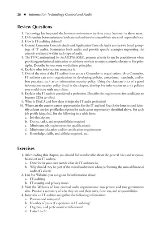 28  ◾  Information Technology Control and Audit
Review Questions
	 1.	Technology has impacted the business environment in three areas. Summarize those areas.
	 2.	 Differentiatebetweeninternalandexternalauditorsintermsoftheirrolesandresponsibilities.
	 3.	How is IT auditing defined?
	 4.	General Computer Controls Audit and Application Controls Audit are the two broad group-
ings of IT audits. Summarize both audits and provide specific examples supporting the
controls evaluated within each type of audit.
	 5.	The TSPC, maintained by the AICPA’s ASEC, presents criteria for use by practitioners when
providing professional attestation or advisory services to assess controls relevant to five prin-
ciples. Describe in your own words these principles.
	 6.	Explain what information assurance is.
	 7.	One of the roles of the IT auditor is to act as a Counselor to organizations. As a Counselor,
IT auditors can assist organizations in developing policies, procedures, standards, and/or
best practices, such as an information security policy. Using the characteristics of a good
information security policy listed in the chapter, develop five information security policies
you would share with your client.
	 8.	Explain why IT audit is considered a profession. Describe the requirements for candidates to
become CISA certified.
	 9.	What is ISACA and how does it helps the IT audit profession?
	 10.	Where are the current career opportunities for the IT auditor? Search the Internet and iden-
tify at least one job profile/description for each career opportunity identified above. For each
job profile identified, list the following in a table form:
	 a.	 Job description
	 b.	 Duties, tasks, and responsibilities required
	 c.	 Minimum job requirements (or qualifications)
	 d.	 Minimum education and/or certification requirements
	 e.	 Knowledge, skills, and abilities required, etc.
Exercises
	 1.	After reading this chapter, you should feel comfortable about the general roles and responsi-
bilities of an IT auditor.
	 a.	 Describe in your own words what do IT auditors do.
	 b.	 Why should they be part of the overall audit team when performing the annual financial
audit of a client?
	 2.	List five Websites you can go to for information about:
	 a.	 IT auditing
	 b.	 IT security and privacy issues
	 3.	Visit the Websites of four external audit organizations: two private and two government
sites. Provide a summary of who they are and their roles, function, and responsibilities.
	 4.	Interview an IT auditor and gather the following information:
	 a.	 Position and company?
	 b.	 Number of years of experience in IT auditing?
	 c.	 Degree(s) and professional certifications?
	 d.	 Career path?
 