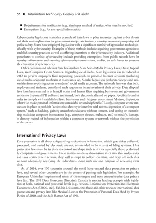 52  ◾  Information Technology Control and Audit
◾
◾ Requirements for notification (e.g., timing or method of notice, who must be notified)
◾
◾ Exemptions (e.g., for encrypted information)
Cybersecurity legislation is another example of State laws in place to protect against cyber threats
and their vast implications for government and private industry security, economic prosperity, and
public safety. States have employed legislation with a significant number of approaches to deal spe-
cifically with cybersecurity. Examples of these methods include requiring government agencies to
establish security practices as well as offering incentives to the cybersecurity industry. Additional
procedures to combat cybersecurity include providing exemptions from public records laws for
security information and creating cybersecurity commissions, studies, or task forces to promote
the education of cybersecurity.
Other common and relevant State laws include State Social Media Privacy Laws, Data Disposal
Laws, and Computer Crime Statutes. Regarding social media, State legislation was introduced in
2012 to prevent employers from requesting passwords to personal Internet accounts (including
social media accounts) to obtain or maintain a job. Similar legislation prohibits colleges and uni-
versities from requiring access to students’ social media accounts. The rationale here was that both,
employees and students, considered such requests to be an invasion of their privacy. Data disposal
laws have been enacted in at least 31 states and Puerto Rico requiring businesses and government
entities to dispose all PII collected and stored, both electronically and on paper. Specifically and in
order to comply with established laws, businesses and the government must “destroy, dispose, or
otherwise make personal information unreadable or undecipherable.” Lastly, computer crime stat-
utes are in place to prohibit “actions that destroy or interfere with normal operation of a computer
system,” such as hacking, gaining unauthorized access without consent, and setting or transmit-
ting malicious computer instructions (e.g., computer viruses, malware, etc.) to modify, damage,
or destroy records of information within a computer system or network without the permission
of the owner.
International Privacy Laws
Data protection is all about safeguarding such private information, which gets either collected,
processed, and stored by electronic means, or intended to form part of filing systems. Data
protection laws must be in place to control and shape such activities especially those performed
by companies and governments. These institutions have shown time after time that unless rules
and laws restrict their actions, they will attempt to collect, examine, and keep all such data
without adequately notifying the individuals about such use and purpose of accessing their
data.
As of 2014, over 100 countries around the world have enacted data protection or privacy
laws, and several other countries are in the process of passing such legislation. For example, the
European Union has implemented some of the strongest and most comprehensive data privacy
laws (i.e., The 1995 Data Protection Directive). Canada is another leading example with legisla-
tion at both, national and provincial levels (e.g., Personal Information Protection and Electronic
Documents Act of 2000, etc.). Exhibit 2.4 summarizes these and other relevant international data
protection and privacy laws like Mexico’s Law on the Protection of Personal Data Held by Private
Parties of 2010, and the Safe Harbor Act of 1998.
 