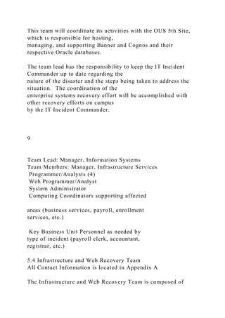 This team will coordinate its activities with the OUS 5th Site,
which is responsible for hosting,
managing, and supporting Banner and Cognos and their
respective Oracle databases.
The team lead has the responsibility to keep the IT Incident
Commander up to date regarding the
nature of the disaster and the steps being taken to address the
situation. The coordination of the
enterprise systems recovery effort will be accomplished with
other recovery efforts on campus
by the IT Incident Commander.
9
Team Lead: Manager, Information Systems
Team Members: Manager, Infrastructure Services
Programmer/Analysts (4)
Web Programmer/Analyst
System Administrator
Computing Coordinators supporting affected
areas (business services, payroll, enrollment
services, etc.)
Key Business Unit Personnel as needed by
type of incident (payroll clerk, accountant,
registrar, etc.)
5.4 Infrastructure and Web Recovery Team
All Contact Information is located in Appendix A
The Infrastructure and Web Recovery Team is composed of
 