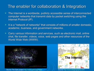The enabler for collaboration & Integration


The Internet is a worldwide, publicly accessible series of interconnected
computer networks that transmit data by packet switching using the
Internet Protocol (IP).



It is a "network of networks" that consists of millions of smaller domestic,
academic, business, and government networks.



Carry various information and services, such as electronic mail, online
chat, file transfer, videos, voice, web pages and other resources of the
World Wide Web (WWW).

The Internet

Source The Opte project http://www.opte.org/maps/

The Internet

Source http://www.telegeography.com

 