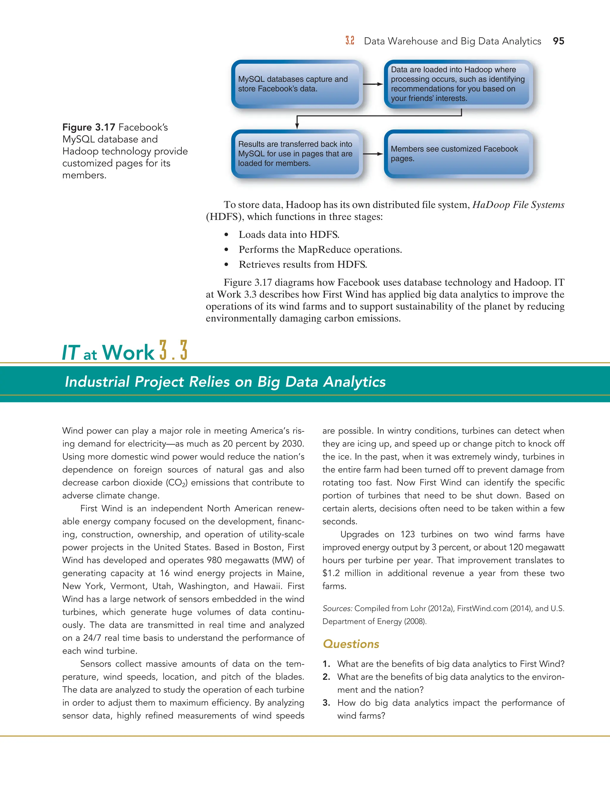 3.2 Data Warehouse and Big Data Analytics 95
To store data, Hadoop has its own distributed file system, HaDoop File Systems
(HDFS), which functions in three stages:
• Loads data into HDFS.
• Performs the MapReduce operations.
• Retrieves results from HDFS.
Figure 3.17 diagrams how Facebook uses database technology and Hadoop. IT
at Work 3.3 describes how First Wind has applied big data analytics to improve the
operations of its wind farms and to support sustainability of the planet by reducing
environmentally damaging carbon emissions.
Figure 3.17 Facebook’s
MySQL database and
Hadoop technology provide
customized pages for its
members.
Wind power can play a major role in meeting America’s ris-
ing demand for electricity—as much as 20 percent by 2030.
Using more domestic wind power would reduce the nation’s
dependence on foreign sources of natural gas and also
decrease carbon dioxide (CO2) emissions that contribute to
adverse climate change.
First Wind is an independent North American renew-
able energy company focused on the development, financ-
ing, construction, ownership, and operation of utility-scale
power projects in the United States. Based in Boston, First
Wind has developed and operates 980 megawatts (MW) of
generating capacity at 16 wind energy projects in Maine,
New York, Vermont, Utah, Washington, and Hawaii. First
Wind has a large network of sensors embedded in the wind
turbines, which generate huge volumes of data continu-
ously. The data are transmitted in real time and analyzed
on a 24/7 real time basis to understand the performance of
each wind turbine.
Sensors collect massive amounts of data on the tem-
perature, wind speeds, location, and pitch of the blades.
The data are analyzed to study the operation of each turbine
in order to adjust them to maximum efficiency. By analyzing
sensor data, highly refined measurements of wind speeds
are possible. In wintry conditions, turbines can detect when
they are icing up, and speed up or change pitch to knock off
the ice. In the past, when it was extremely windy, turbines in
the entire farm had been turned off to prevent damage from
rotating too fast. Now First Wind can identify the specific
portion of turbines that need to be shut down. Based on
certain alerts, decisions often need to be taken within a few
seconds.
Upgrades on 123 turbines on two wind farms have
improved energy output by 3 percent, or about 120 megawatt
hours per turbine per year. That improvement translates to
$1.2 million in additional revenue a year from these two
farms.
Sources: Compiled from Lohr (2012a), FirstWind.com (2014), and U.S.
Department of Energy (2008).
Questions
1. What are the benefits of big data analytics to First Wind?
2. What are the benefits of big data analytics to the environ-
ment and the nation?
3. How do big data analytics impact the performance of
wind farms?
IT at Work 3.3
Industrial Project Relies on Big Data Analytics
MySQL databases capture and
store Facebook’s data.
Results are transferred back into
MySQL for use in pages that are
loaded for members.
Members see customized Facebook
pages.
Data are loaded into Hadoop where
processing occurs, such as identifying
recommendations for you based on
your friends’ interests.
 