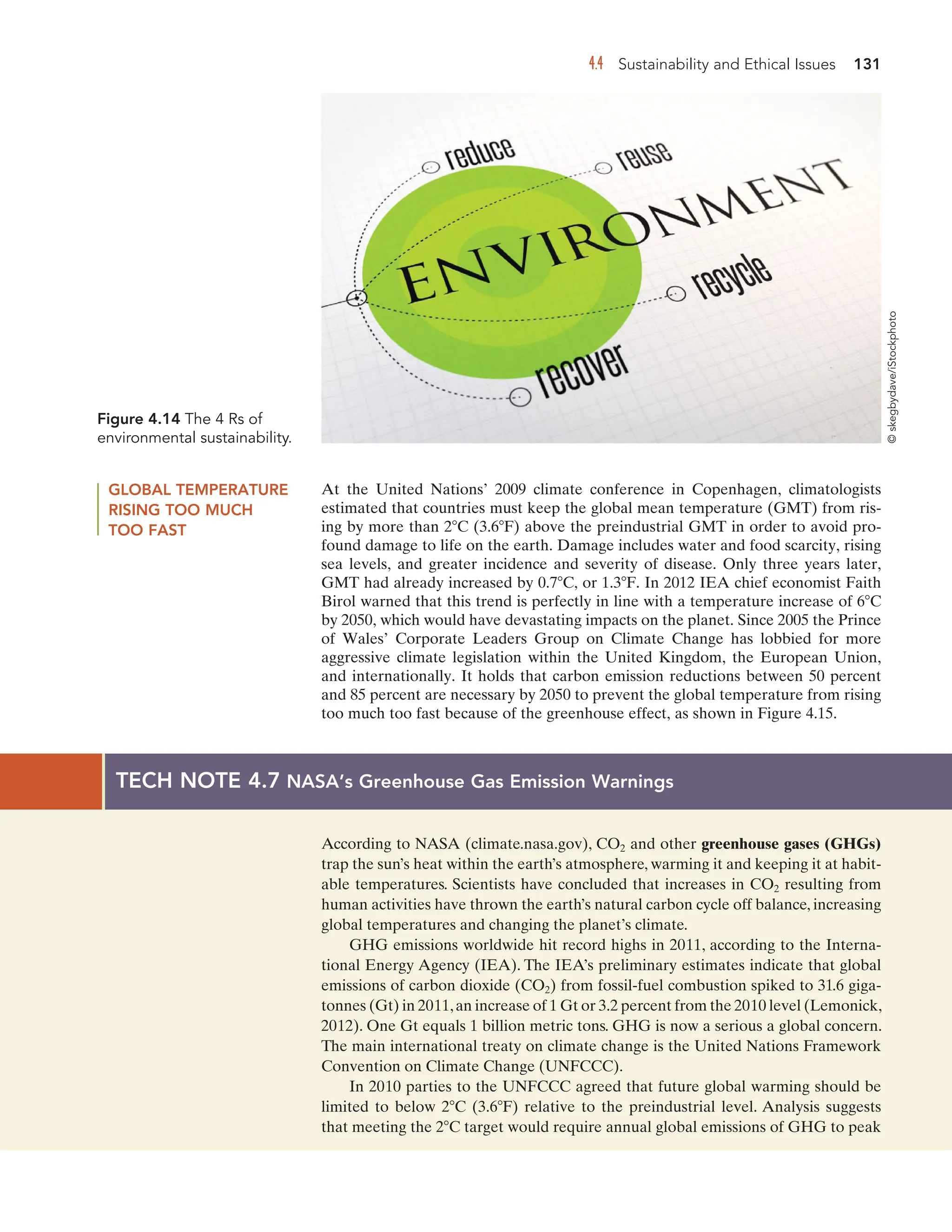 4.4 Sustainability and Ethical Issues 131
Figure 4.14 The 4 Rs of
environmental sustainability.
GLOBAL TEMPERATURE
RISING TOO MUCH
TOO FAST
At the United Nations’ 2009 climate conference in Copenhagen, climatologists
estimated that countries must keep the global mean temperature (GMT) from ris-
ing by more than 2 C (3.6 F) above the preindustrial GMT in order to avoid pro-
found damage to life on the earth. Damage includes water and food scarcity, rising
sea levels, and greater incidence and severity of disease. Only three years later,
GMT had already increased by 0.7 C, or 1.3 F. In 2012 IEA chief economist Faith
Birol warned that this trend is perfectly in line with a temperature increase of 6 C
by 2050, which would have devastating impacts on the planet. Since 2005 the Prince
of Wales’ Corporate Leaders Group on Climate Change has lobbied for more
aggressive climate legislation within the United Kingdom, the European Union,
and internationally. It holds that carbon emission reductions between 50 percent
and 85 percent are necessary by 2050 to prevent the global temperature from rising
too much too fast because of the greenhouse effect, as shown in Figure 4.15.
TECH NOTE 4.7 NASA’s Greenhouse Gas Emission Warnings
According to NASA (climate.nasa.gov), CO2 and other greenhouse gases (GHGs)
trap the sun’s heat within the earth’s atmosphere, warming it and keeping it at habit-
able temperatures. Scientists have concluded that increases in CO2 resulting from
human activities have thrown the earth’s natural carbon cycle off balance, increasing
global temperatures and changing the planet’s climate.
GHG emissions worldwide hit record highs in 2011, according to the Interna-
tional Energy Agency (IEA). The IEA’s preliminary estimates indicate that global
emissions of carbon dioxide (CO2) from fossil-fuel combustion spiked to 31.6 giga-
tonnes (Gt) in 2011,an increase of 1 Gt or 3.2 percent from the 2010 level (Lemonick,
2012). One Gt equals 1 billion metric tons. GHG is now a serious a global concern.
The main international treaty on climate change is the United Nations Framework
Convention on Climate Change (UNFCCC).
In 2010 parties to the UNFCCC agreed that future global warming should be
limited to below 2 C (3.6 F) relative to the preindustrial level. Analysis suggests
that meeting the 2 C target would require annual global emissions of GHG to peak
©
skegbydave/iStockphoto
 